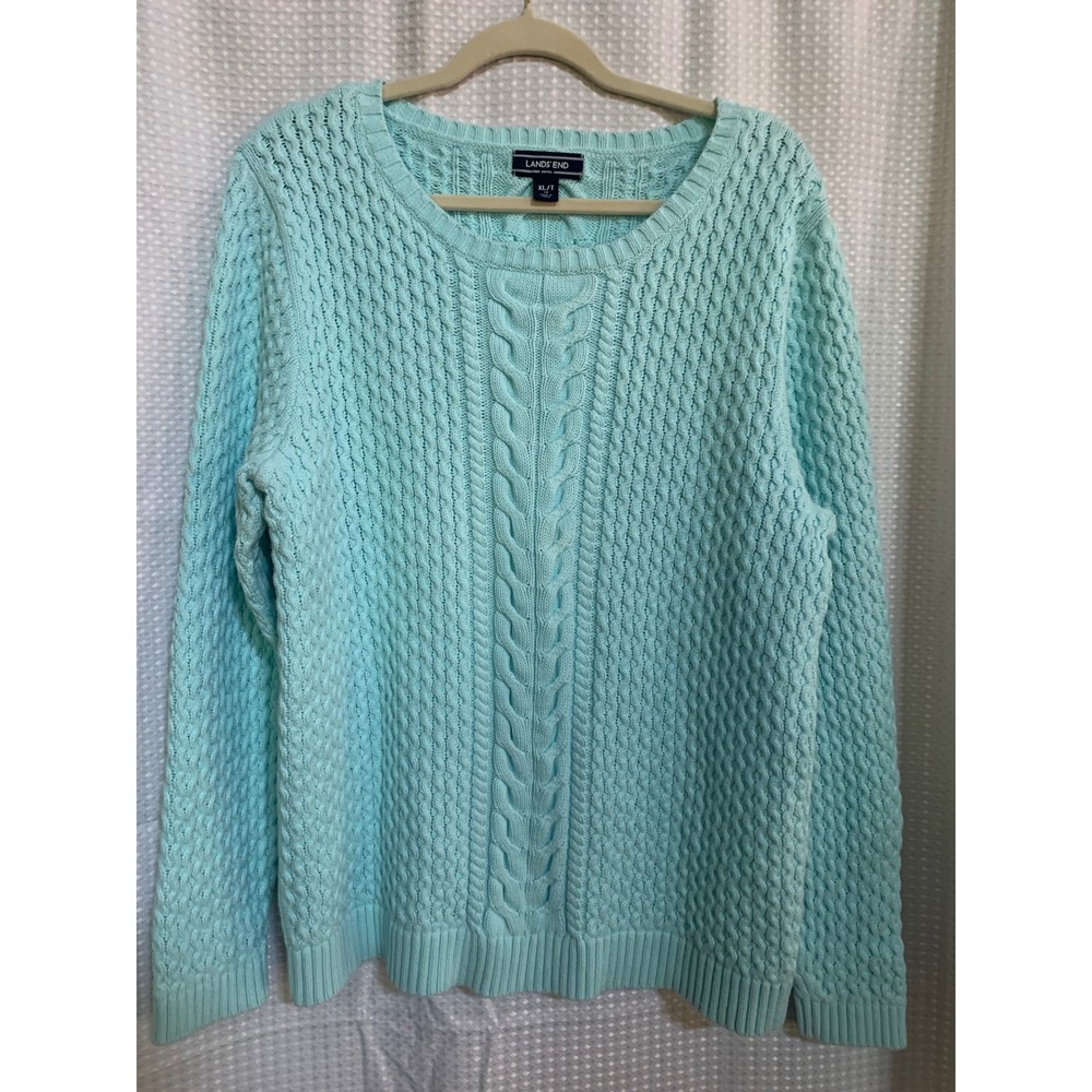 Lands End Drifter Sweater Womens XL Tall Aqua Blue Cable Knit Cotton Pullover